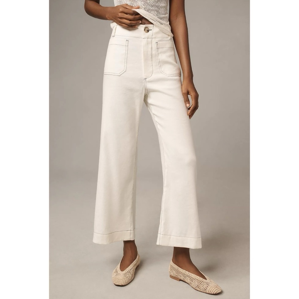 New Anthropologie The Colette Linen Crop Wide-Leg Pants Magic Cream 29